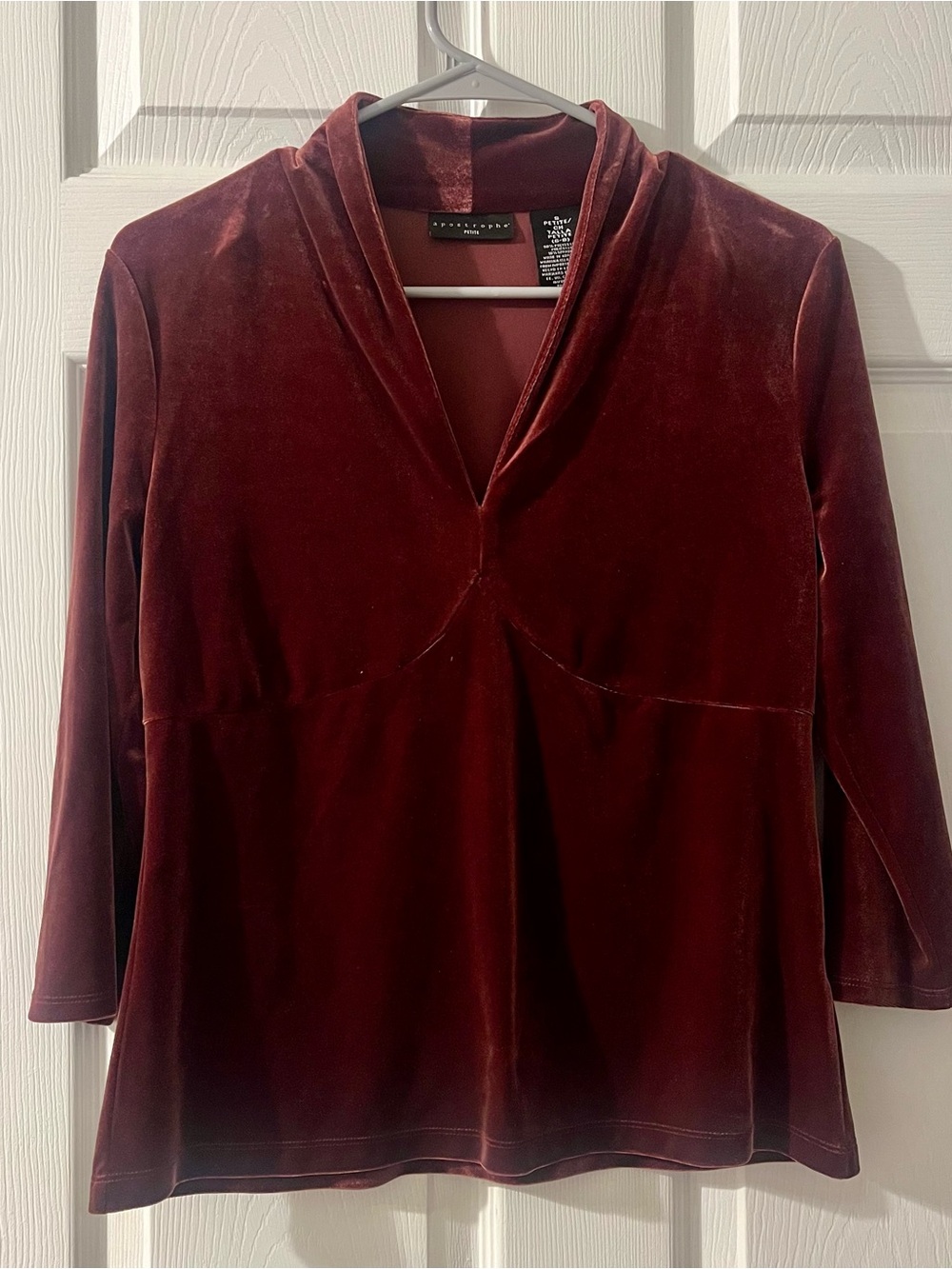 Velvet V-Neck Long Sleeve Top - Deep Burgundy